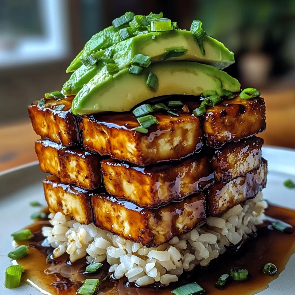 Crispy Teriyaki Tofu and Avocado Rice Stack