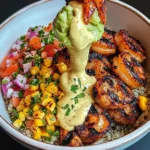 Grilled Shrimp Bowl with Avocado, Corn Salsa & Creamy Sauce